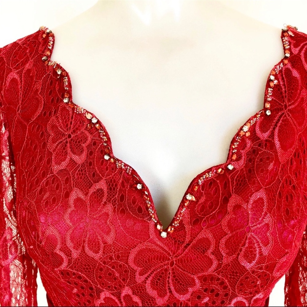 Elegant Red Long Sleeve Lace Dress - Picture 5 of 11